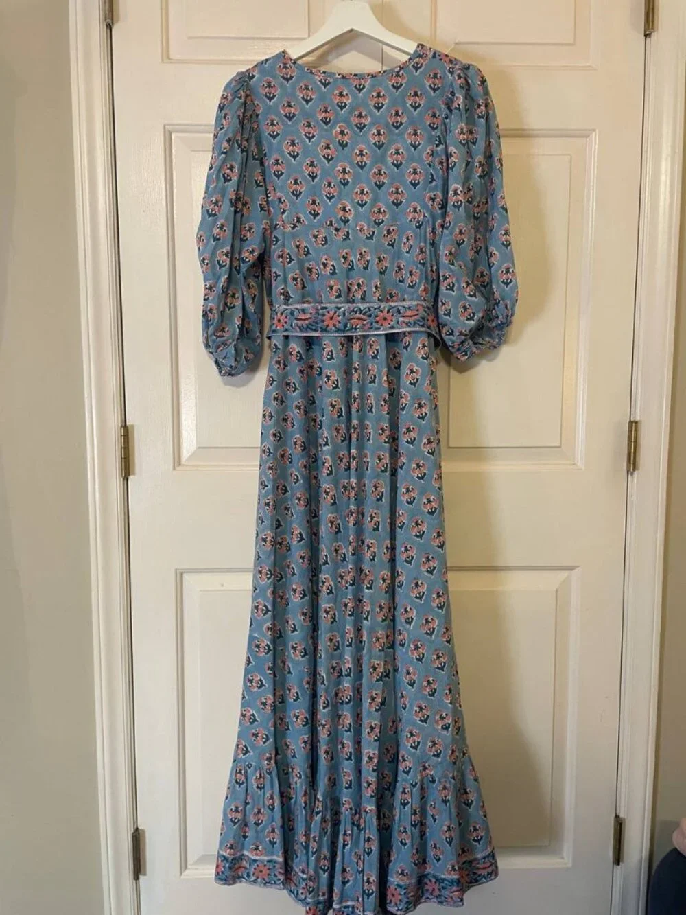 Marea Cotton blue floral Print Baloon Sleeve House dress Maxi Dress Sz 3 large - Picture 3 of 8